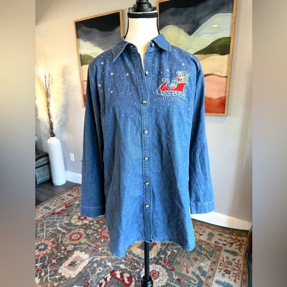 Quacker Factory Denim Holiday Sled Shirt - Picture 4 of 13
